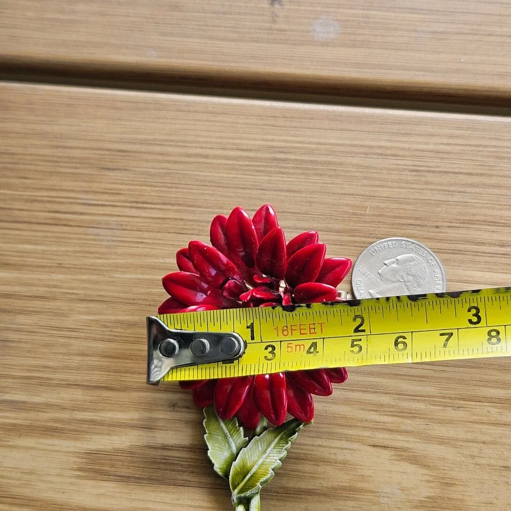 Vintage Red Enamel Painted Flower On Stem Brooch Pin‎ 3.54